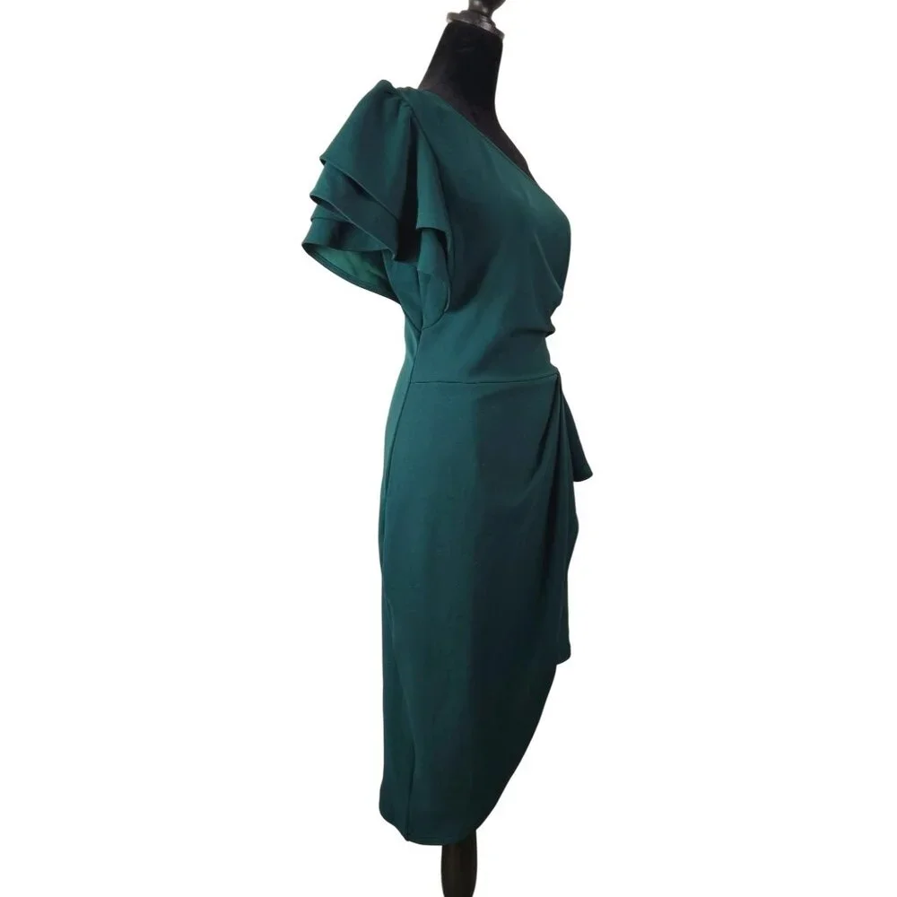 Womens Elegant Asymmetrical Dark Green One-Shoulder Ruffle Dress Size Small Sexy